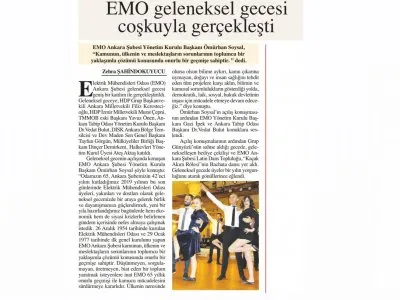 EMO GELENEKSEL GECESİ COŞKUYLA GERÇEKLEŞTİ (BAŞKENT GAZETESİ, 17.12.2019)