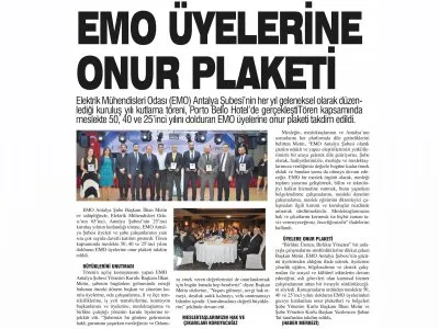 EMO ÜYELERİNE ONUR PLAKETİ (ANTALYA SON HABER - 31.12.2019)