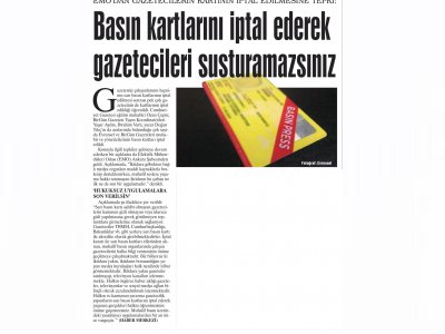 BASIN KARTLARINI İPTAL EDEREK GAZETECİLERİ SUSTURAMAZSINIZ (GÜNLÜK EVRENSEL, 26.1.2020)