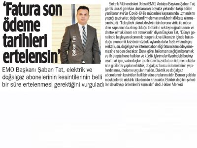 FATURA SON ÖDEME TARİHLERİ ERTELENSİN (AKDENİZ MANŞET - 20.03.2020)