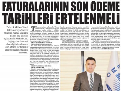 FATURALARIN SON ÖDEME TARİHLERİ ERTELENMELİ (KORKUTELİ MANŞET - 20.03.2020)