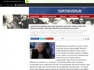 ELEKTRİK MÜHENDİSLERİ ODASI BAŞKANI GAZİ İPEK: ENERJİ TEMEL BİR İNSAN HAKKIDIR, NÜKLEER SANTRALLER İNSANLIK SUÇUDUR (YURTSEVERLİK.COM)
