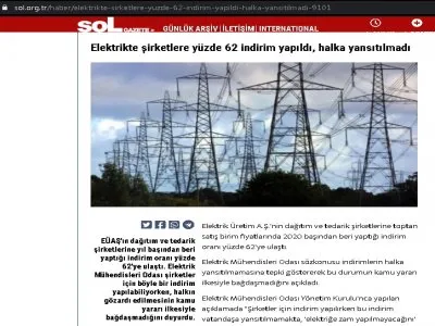 ELEKTRİKTE ŞİRKETLERE YÜZDE 62 İNDİRİM YAPILDI, HALKA YANSITILMADI (SOL.ORG.TR)