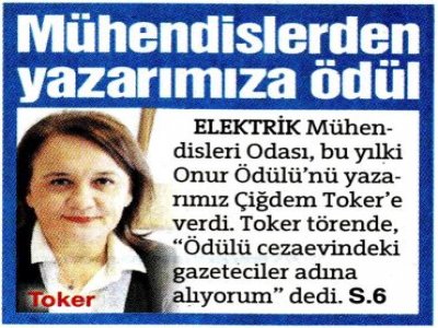 MÜHENDİSLERDEN YAZARIMIZA ÖDÜL (SÖZCÜ)