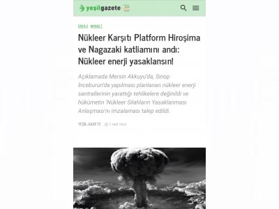 NÜKLEER KARŞITI PLATFORM HİROŞİMA VE NAGAZAKİ KATLİAMINI ANDI: NÜKLEER ENERJİ YASAKLANSIN! (YESİLGAZETE.ORG)