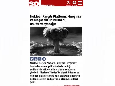 NÜKLEER KARŞITI PLATFORM: HİROŞİMA VE NAGAZAKİ UNUTULMADI, UNUTTURMAYACAĞIZ (SOL.ORG.TR)