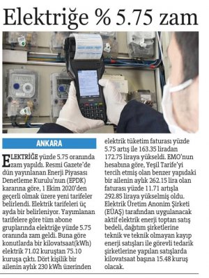 ELEKTRİĞE YÜZDE 5.75 ZAM GELDİ (HÜRRİYET)