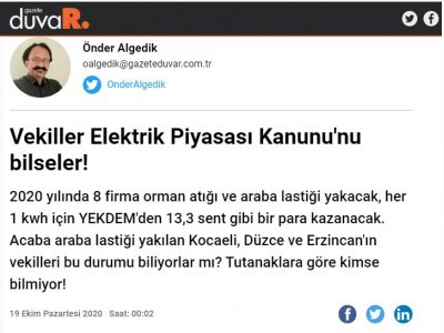 VEKİLLER ELEKTRİK PİYASASI KANUNU`NU BİLSELER!(ÖNDER ALGEDİK/GAZETEDUVAR.COM.TR)