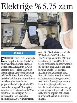 ELEKTRİĞE YÜZDE 5.75 ZAM GELDİ (HÜRRİYET)