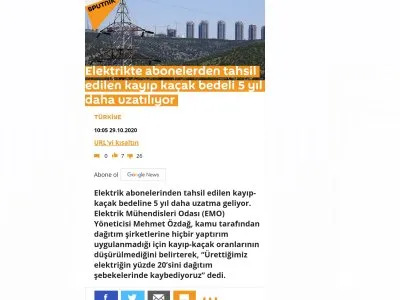 ELEKTRİKTE ABONELERDEN TAHSİL EDİLEN KAYIP KAÇAK BEDELİ 5 YIL DAHA UZATILIYOR (SPUTNİKNEWS.COM)