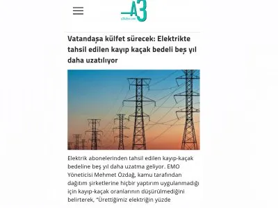 VATANDAŞA KÜLFET SÜRECEK: ELEKTRİKTE TAHSİL EDİLEN KAYIP KAÇAK BEDELİ BEŞ YIL DAHA UZATILIYOR (A3HABER.COM)