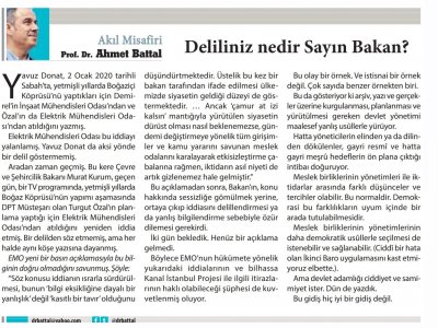DELİLİNİZ NEDİR SAYIN BAKAN? (YENİ ASYA/PROF.DR.AHMET BATTAL)