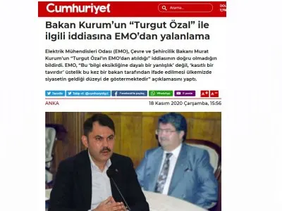 BAKAN KURUMUN TURGUT ÖZAL İLE İLGİLİ İDDİASINA EMODAN YALANLAMA (CUMHURİYET.COM.TR)