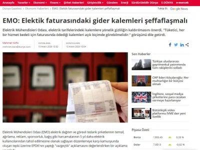 EMO: ELEKTİK FATURASINDAKİ GİDER KALEMLERİ ŞEFFAFLAŞMALI (DUNYA.COM)