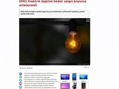 EMO: ELEKTRİK DAĞITIM BEDELİ SALGIN BOYUNCA ERTELENMELİ (EVRENSEL.NET)