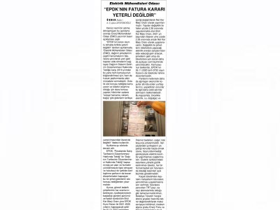 ELEKTRİK MÜHENDİSLERİ ODASI: `EPDK`NIN FATURA KARARI YETERLİ DEĞİLDİR` (ÖNDER)