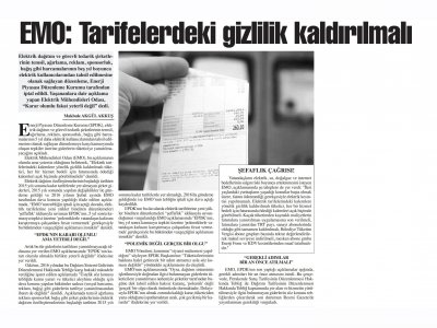EMO: TARİFELERDEKİ GİZLİLİK KALDIRILMALI (BAŞKENT GAZETESİ)