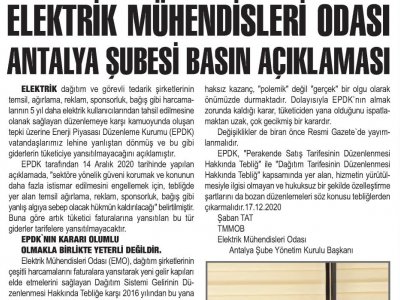 ELEKTRİK MÜHENDİSLERİ ODASI ANTALYA ŞUBESİ BASIN AÇIKLAMASI (KORKUTELİ GÜNDEM-18.12.2020)