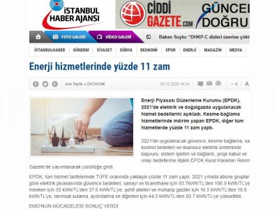 ENERJİ HİZMETLERİNDE YÜZDE 11 ZAM (İSTANBULHABER.COM)
