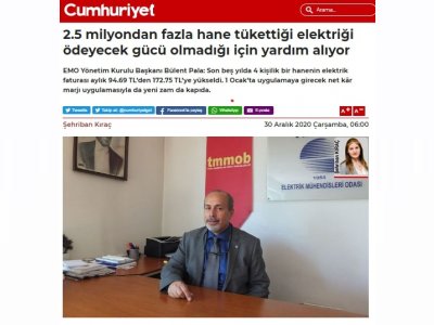 2.5 MİLYONDAN FAZLA HANE TÜKETTİĞİ ELEKTRİĞİ ÖDEYECEK GÜCÜ OLMADIĞI İÇİN YARDIM ALIYOR (CUMHURİYET.COM.TR)
