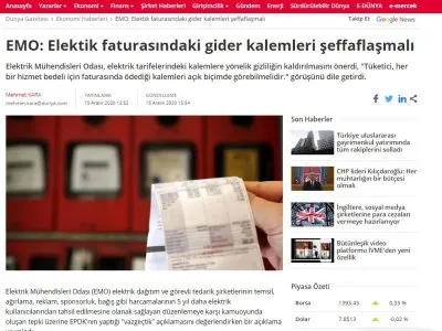 EMO: ELEKTİK FATURASINDAKİ GİDER KALEMLERİ ŞEFFAFLAŞMALI (DUNYA.COM)