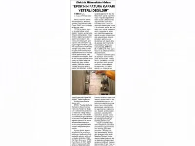 ELEKTRİK MÜHENDİSLERİ ODASI: `EPDK`NIN FATURA KARARI YETERLİ DEĞİLDİR` (ÖNDER)