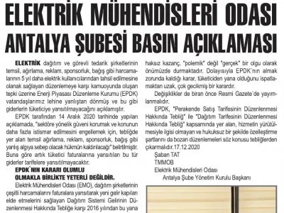 ELEKTRİK MÜHENDİSLERİ ODASI ANTALYA ŞUBESİ BASIN AÇIKLAMASI (KORKUTELİ GÜNDEM-18.12.2020)