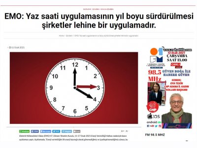 EMO: YAZ SAATİ UYGULAMASININ YIL BOYU SÜRDÜRÜLMESİ ŞİRKETLER LEHİNE BİR UYGULAMADIR (HABEREGUVEN.COM)
