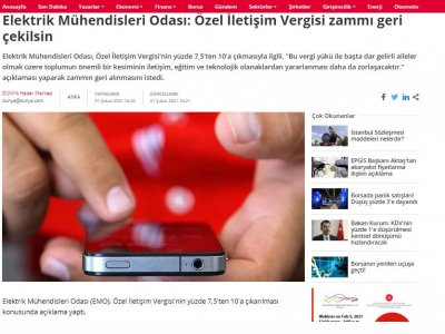 ELEKTRİK MÜHENDİSLERİ ODASI: ÖZEL İLETİŞİM VERGİSİ ZAMMI GERİ ÇEKİLSİN (DUNYA.COM.TR)