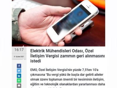 ELEKTRİK MÜHENDİSLERİ ODASI, ÖZEL İLETİŞİM VERGİSİ ZAMMIN GERİ ALINMASINI İSTEDİ (YURTGAZETESİ.COM.TR)