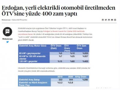 ERDOĞAN, YERLİ ELEKTRİKLİ OTOMOBİL ÜRETİLMEDEN ÖTVSİNE YÜZDE 400 ZAM YAPTI (MEDYASCOPE.TV)