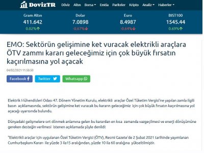 EMO: SEKTÖRÜN GELİŞİMİNE KET VURACAK ELEKTRİKLİ ARAÇLARA ÖTV ZAMMI KARARI GELECEĞİMİZ İÇİN ÇOK BÜYÜK FIRSATIN KAÇIRILMASINA YOL AÇACAK (DOVİZTR.COM)