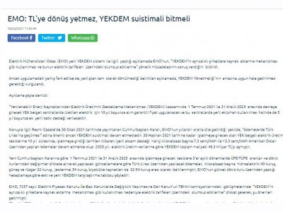 EMO: TL`YE DÖNÜŞ YETMEZ, YEKDEM SUİSTİMALİ BİTMELİ (DOVİZTR.COM)