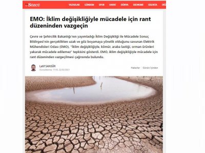 EMO: İKLİM DEĞİŞİKLİĞİYLE MÜCADELE İÇİN RANT DÜZENİNDEN VAZGEÇİN (SOZCU.COM.TR)