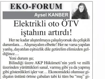 ELEKTRİKLİ OTO ÖTV İŞTAHINI ARTIRDI! (AYSEL KAMBER/ BAŞKENT GAZETESİ)