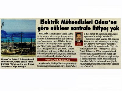 ELEKTRİK MÜHENDİSLERİ ODASI`NA GÖRE NÜKLEER SANTRALE İHTİYAÇ YOK (SÖZCÜ)