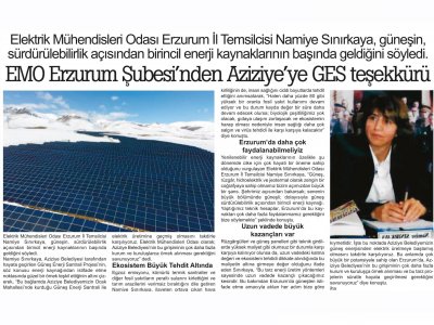EMO ERZURUM TEMSİLCİLİĞİNDEN AZİZİYE`YE GES TEŞEKKÜRÜ