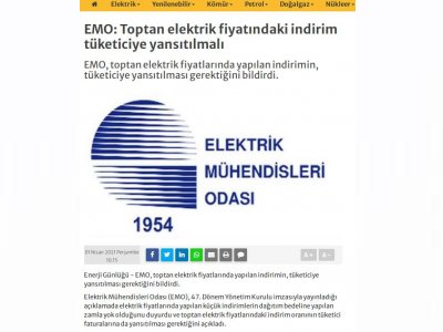 EMO: TOPTAN ELEKTRİK FİYATINDAKİ İNDİRİM TÜKETİCİYE YANSITILMALI (ENERJİGUNLUGU.NET)