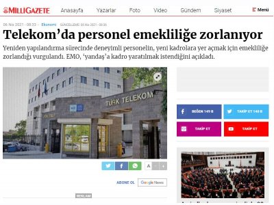 TELEKOMDA PERSONEL EMEKLİLİĞE ZORLANIYOR (MİLLİGAZETE.COM.TR)
