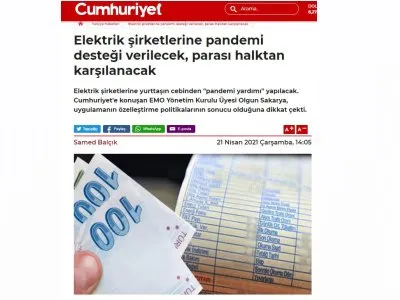 ELEKTRİK ŞİRKETLERİNE PANDEMİ DESTEĞİ VERİLECEK, PARASI HALKTAN KARŞILANACAK (CUMHURİYET.COM.TR)