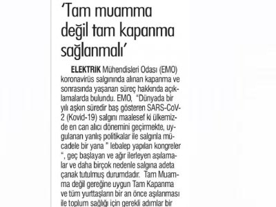 `TAM MUAMMA DEĞİL TAM KAPANMA SAĞLANMALI` (YENİÇAĞ GAZETESİ, 09.06.2021)
