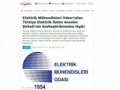 ELEKTRİK MÜHENDİSLERİ ODASI`NDAN TÜRKİYE ELEKTRİK İLETİM ANONİM ŞİRKETİ`NİN ÖZELLEŞTİRİLMESİNE TEPKİ (ULUSAL.COM.TR)