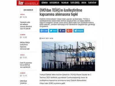 EMO`DAN TEİAŞ`IN ÖZELLEŞTİRİLME KAPSAMINA ALINMASINA TEPKİ (İLERİHABER.ORG)