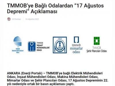 TMMOBYE BAĞLI ODALARDAN 17 AĞUSTOS DEPREMİ AÇIKLAMASI (ENERJİPORTALİ.COM)