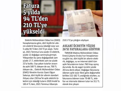 FATURA 5 YILDA 94 TL`DEN 210 TL`YE YÜKSELDİ (GAZETE PENCERE)