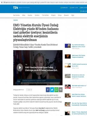 EMO YÖNETİM KURULU ÜYESİ ÖZDAĞ: ELEKTRİĞİN YÜZDE 80İNDEN FAZLASINI ÖZEL ŞİRKETLER ÜRETİYOR; KESİNTİLERİN NEDENİ ELEKTRİK ENERJİSİNİN PİYASALAŞTIRILMASI (T24.COM.TR)