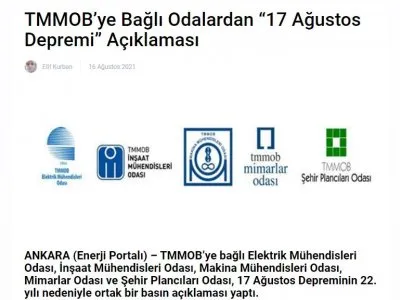 TMMOBYE BAĞLI ODALARDAN 17 AĞUSTOS DEPREMİ AÇIKLAMASI (ENERJİPORTALİ.COM)