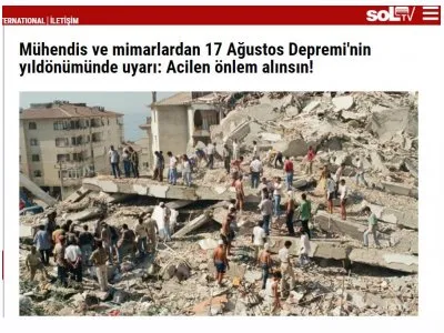 MÜHENDİS VE MİMARLARDAN 17 AĞUSTOS DEPREMİ`NİN YILDÖNÜMÜNDE UYARI: ACİLEN ÖNLEM ALINSIN! (HABER.SOL.ORG.TR)