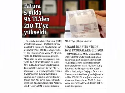 FATURA 5 YILDA 94 TL`DEN 210 TL`YE YÜKSELDİ (GAZETE PENCERE)