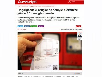 DOĞALGAZDAKİ ARTIŞLAR NEDENİYLE ELEKTRİKTE YÜZDE 20 ZAM GÜNDEMDE (CUMHURİYET.COM.TR)